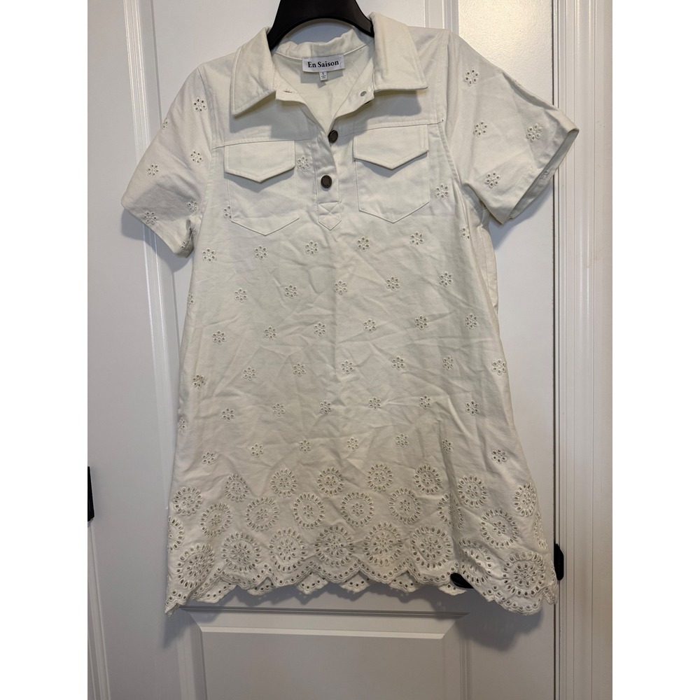 En‎ Saison Eyelet Mini Dress Women S White Excellent Cotton Scalloped Hem Pocket